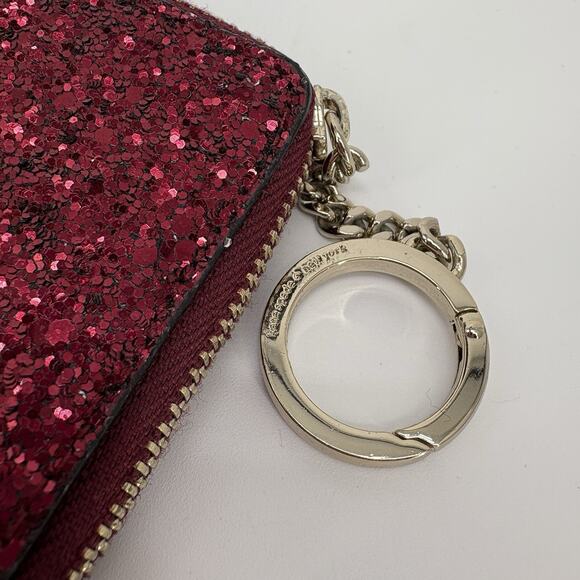 Kate Spade Glitter Card Holder Key Chain 4 Leaf Clover L-Zip Wallet Red Odette - Picture 4 of 4